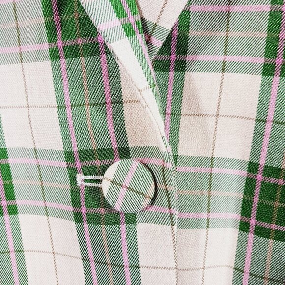 Bardot, Plaid Long Blazer Jacket Green & Soft Gold, Pink Highlight Medium Preppy - Picture 3 of 15